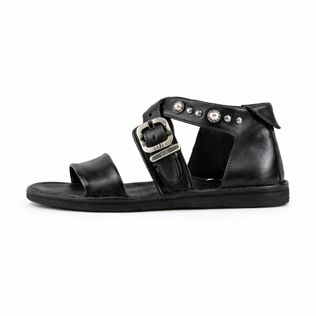 Sandali RIANNA A.S.98 in pelle nera con borchie e fibbia argento