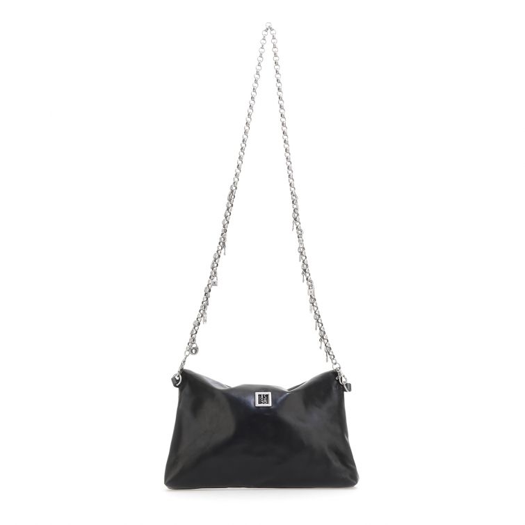 Pochette Uda A.S.98 in pelle nera con tracolla a catena argentata, stile essenziale e rock artigianale