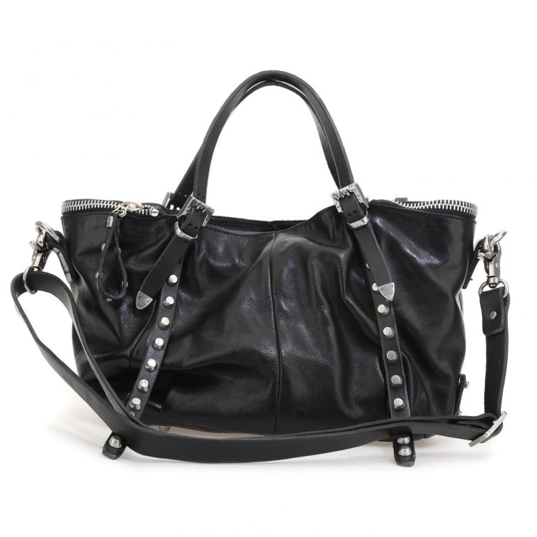 Borsa Bagley A.S.98 in pelle nera con borchie, zip a vista e tracolla regolabile, stile rock artigianale