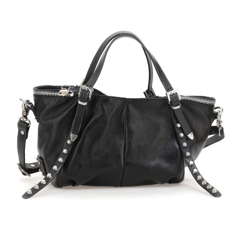 Borsa Bagley A.S.98 in pelle nera con borchie, zip a vista e tracolla regolabile, stile rock artigianale