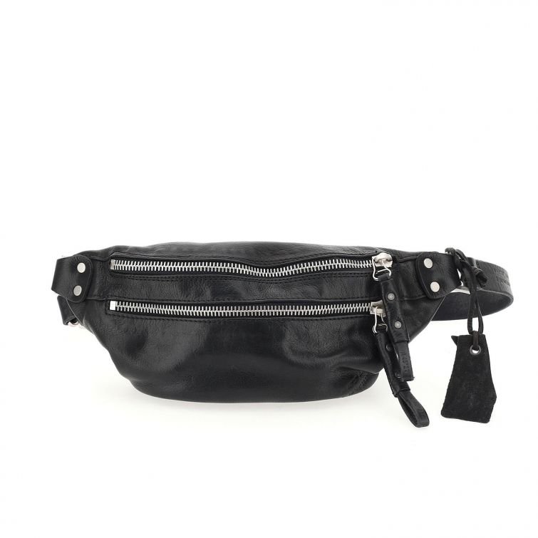 Marsupio Hoffman A.S.98 in pelle nera con doppia zip e dettagli metallici, stile urban artigianale