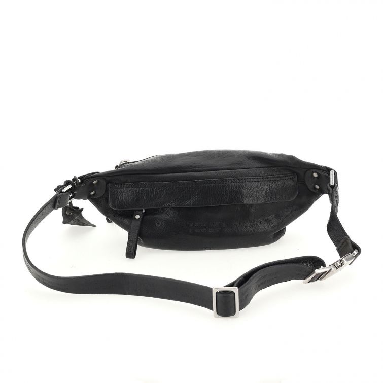 Marsupio Hoffman A.S.98 in pelle nera con doppia zip e dettagli metallici, stile urban artigianale
