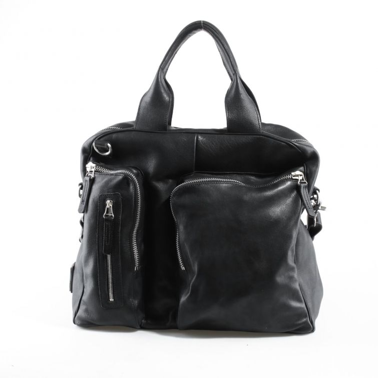 Borsa Ris A.S.98 in pelle nera con tasche frontali e zip, design artigianale italiano pratico e moderno