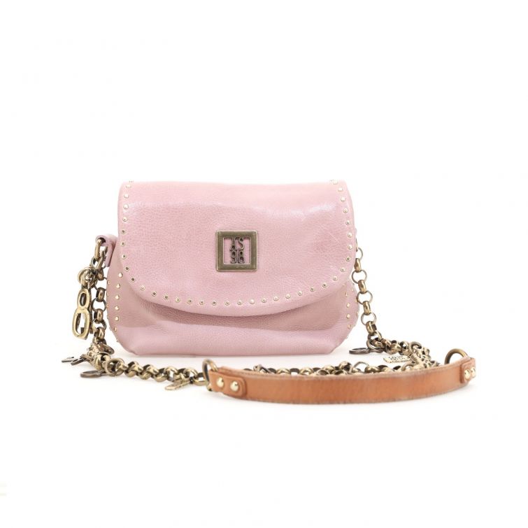 Borsa Fanny A.S.98 in pelle rosa cipria con borchie dorate, catena e dettagli in cuoio, stile artigianale elegante