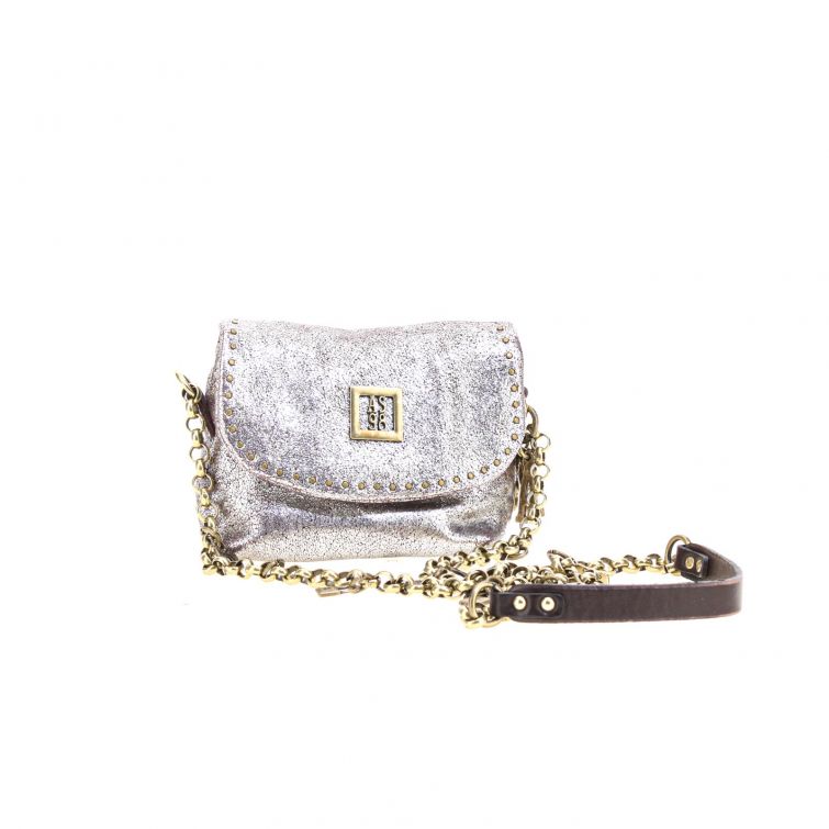 Borsa Fanny in pelle argentata A.S.98 con tracolla a catena e charm decorativi