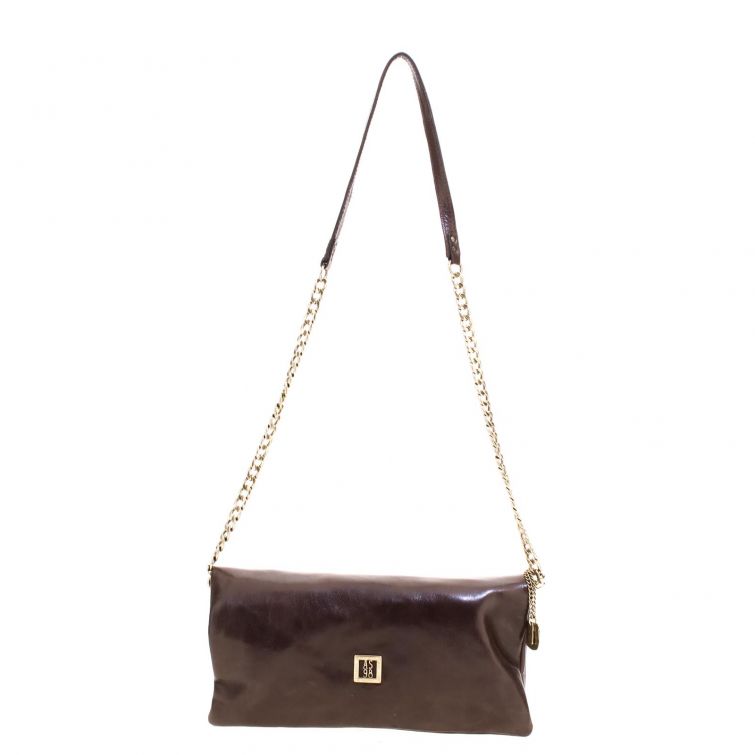 Borsa Leah A.S.98 in pelle marrone con tracolla a catena e design compatto artigianale Made in Italy.