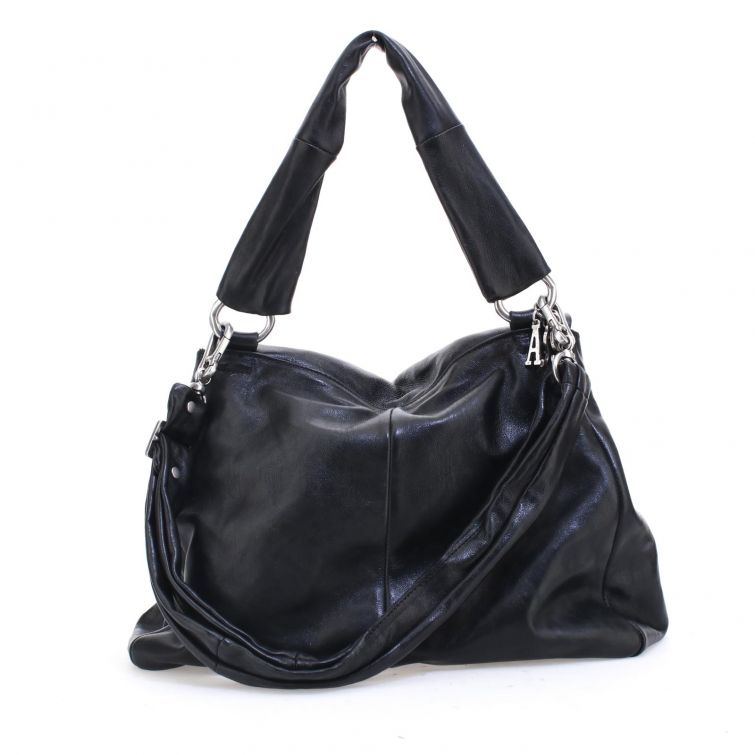 Borsa Jessye A.S.98 in pelle nera morbida con manico ampio, design artigianale italiano elegante e moderno.
