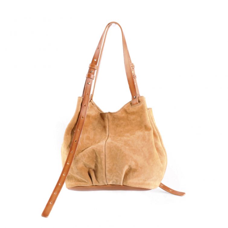 Borsa Delya A.S.98 in pelle scamosciata beige con manici regolabili, design artigianale italiano morbido ed elegante