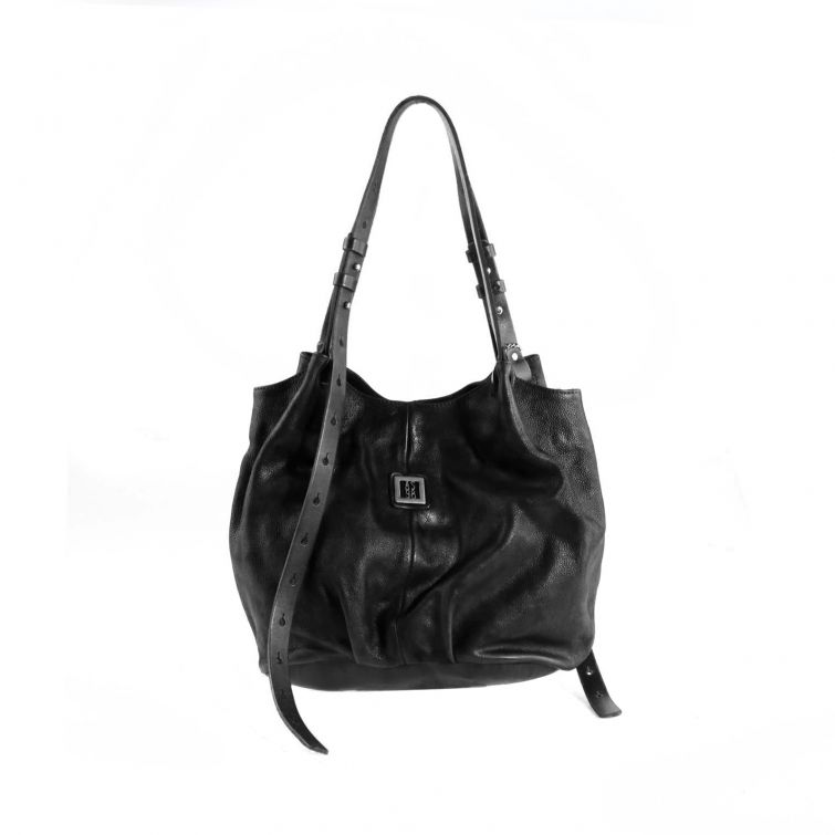 Borsa Delya A.S.98 in pelle nera morbida con manici regolabili, design artigianale italiano elegante e minimal