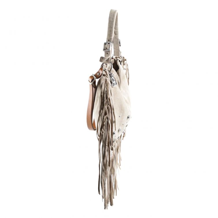 Borsa Boho A.S.98 in pelle color ghiaccio con frange lunghe e borchie, stile rock boho chic artigianale italiano