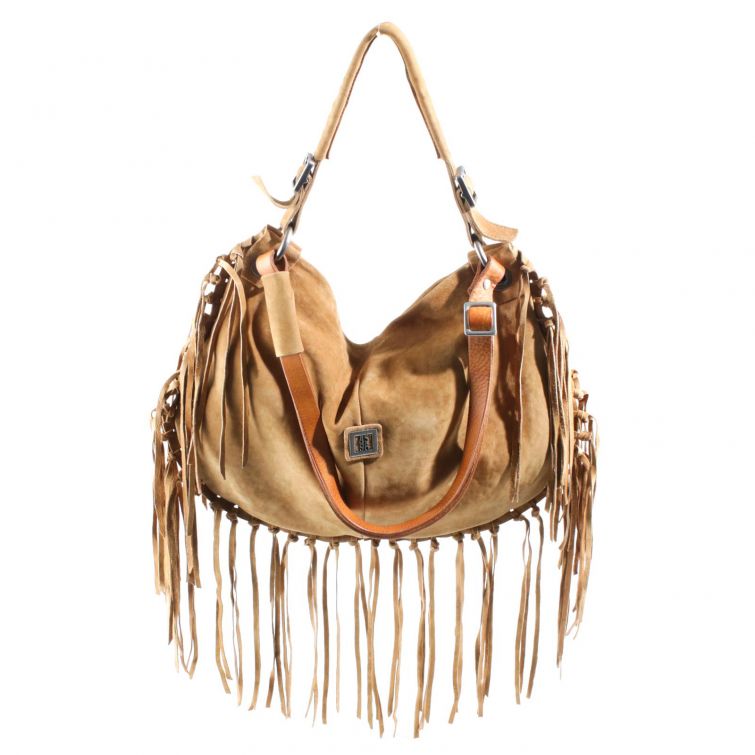 Borsa Boho A.S.98 in pelle cuoio con frange lunghe e borchie, stile rock boho chic artigianale italiano
