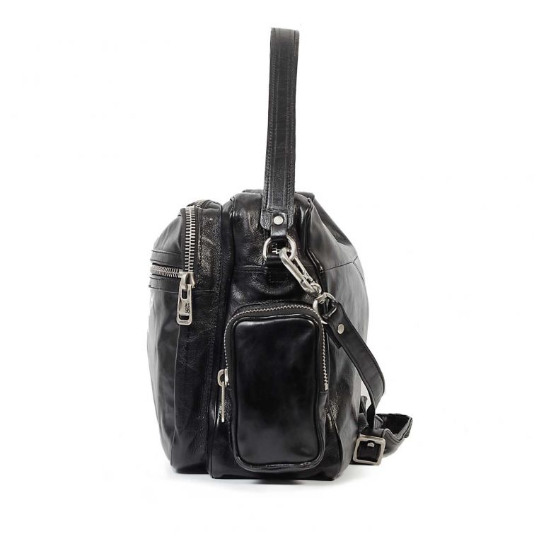 Borsa CURTIS A.S.98 in pelle nera con manico, tasche frontali multiple, zip e dettagli metallici.