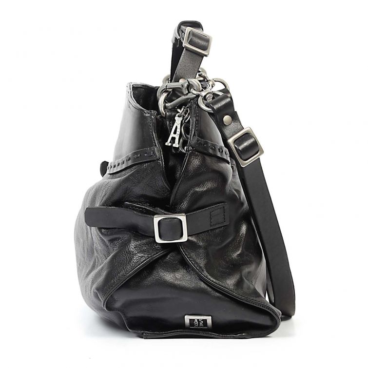 Borsa JAMIE A.S.98 in pelle nera italiana con design morbido, dettagli artigianali e doppi manici, elegante e dallo stile rock contemporaneo.