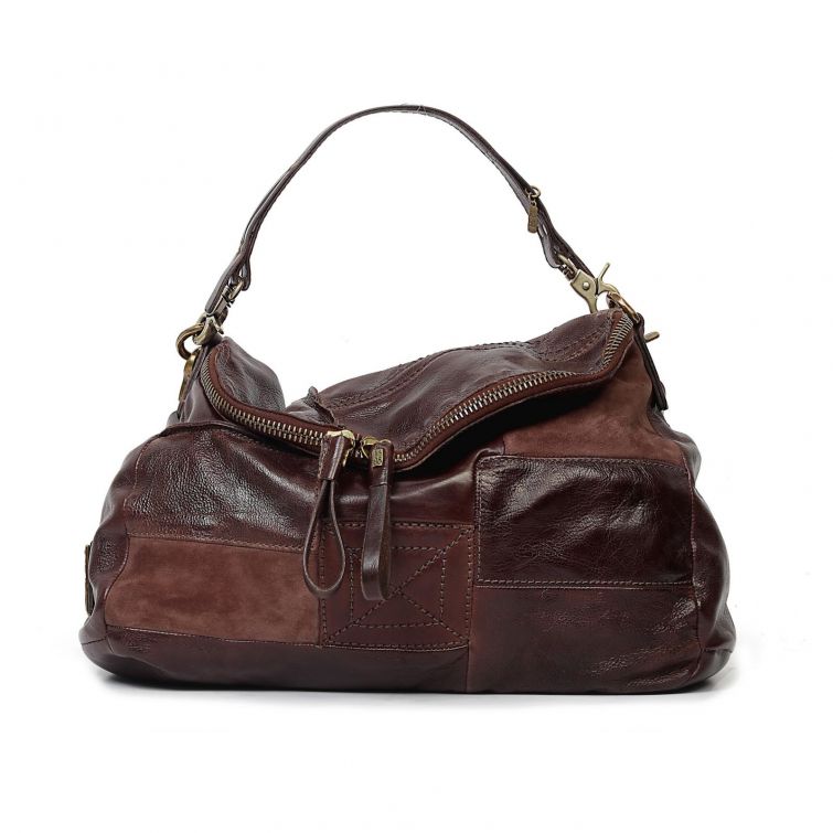 Borsa DANNY A.S.98 in pelle marrone scuro effetto vintage con inserti scamosciati, grande zip e manico a spalla.
