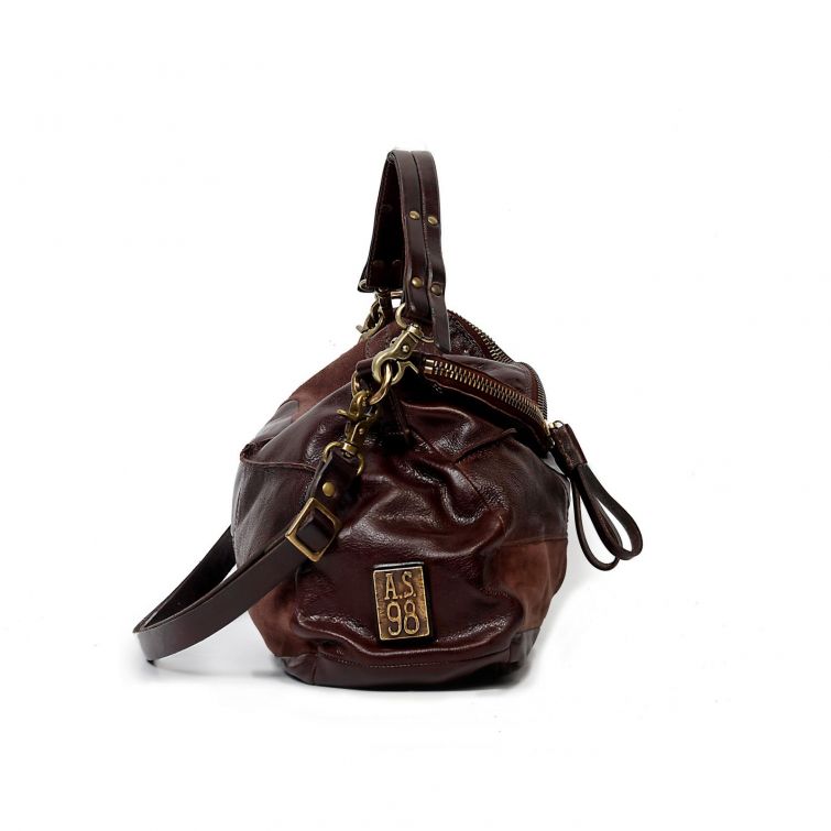 Borsa DANNY A.S.98 in pelle marrone scuro effetto vintage con inserti scamosciati, grande zip e manico a spalla.