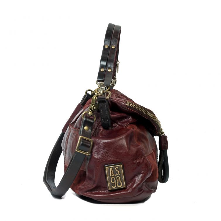 Borsa DANNY A.S.98 in pelle bordeaux effetto vintage con manico, grande zip frontale e dettagli metallici.