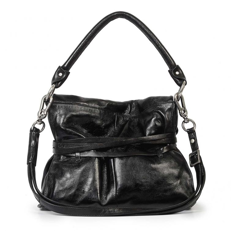 Borsa Ellen A.S.98 in pelle nera con tracolla regolabile, manico a spalla e dettagli artigianali in metallo dal design contemporaneo.