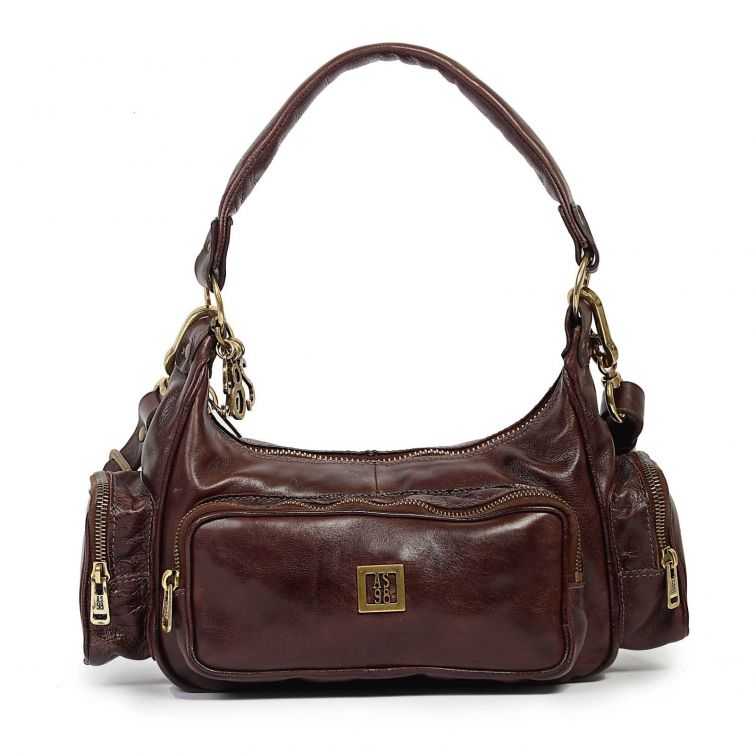 Borsa OLA A.S.98 in pelle marrone con manico, tasche frontali, zip, dettagli metallici e logo A.S.98.