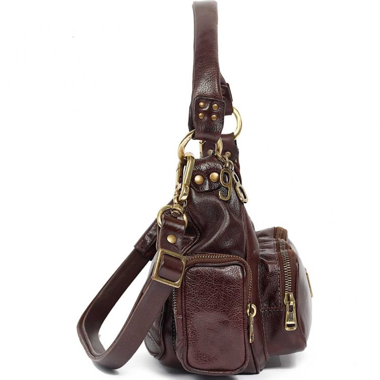 Borsa OLA A.S.98 in pelle marrone con manico, tasche frontali, zip, dettagli metallici e logo A.S.98.