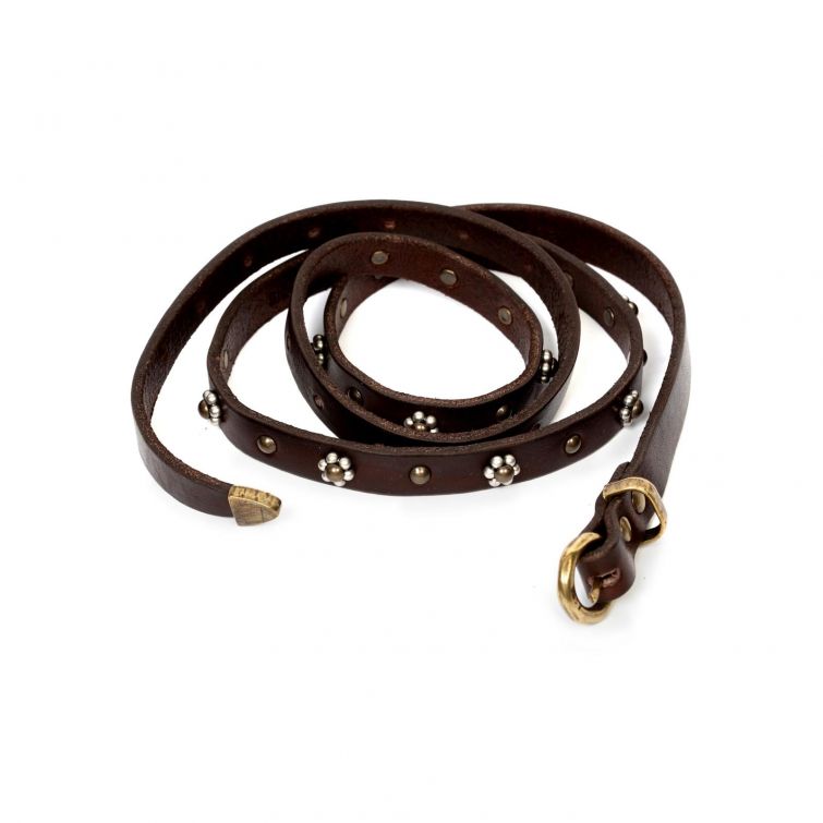 Cintura PARTHEON A.S.98 in pelle marrone scuro con borchie metalliche decorative a fiore, fibbia bronzata anticata e design sottile dallo stile rock.