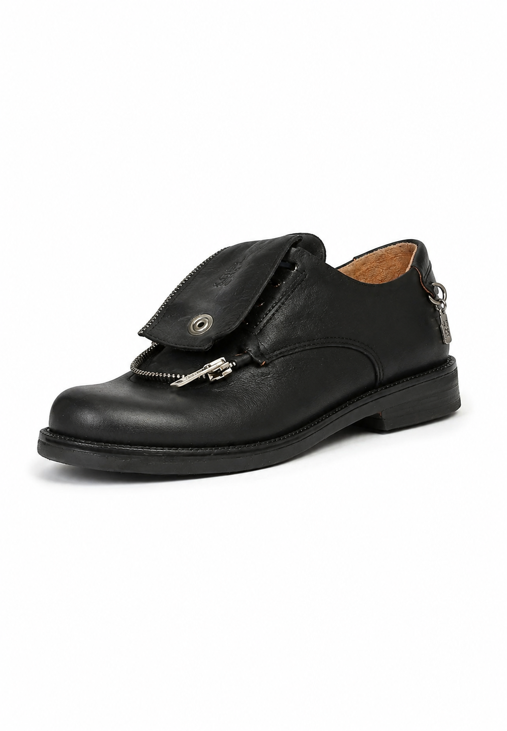 Scarpe AINSLEY A.S.98 in pelle nera con doppia cerniera argento, linguetta con logo e suola nera.