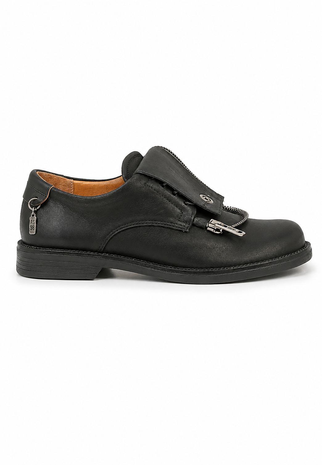 Scarpe AINSLEY A.S.98 in pelle nera con doppia cerniera argento, linguetta con logo e suola nera.