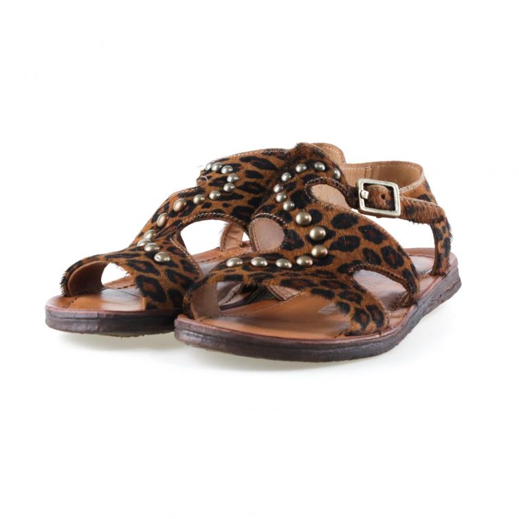 Sandali A.S.98 leopardati in pelle con borchie e fibbia, suola piatta e design confortevole
