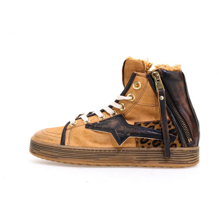 Sneakers Aceline A.S.98 in pelle e suede color cuoio con dettagli animalier e suola a contrasto