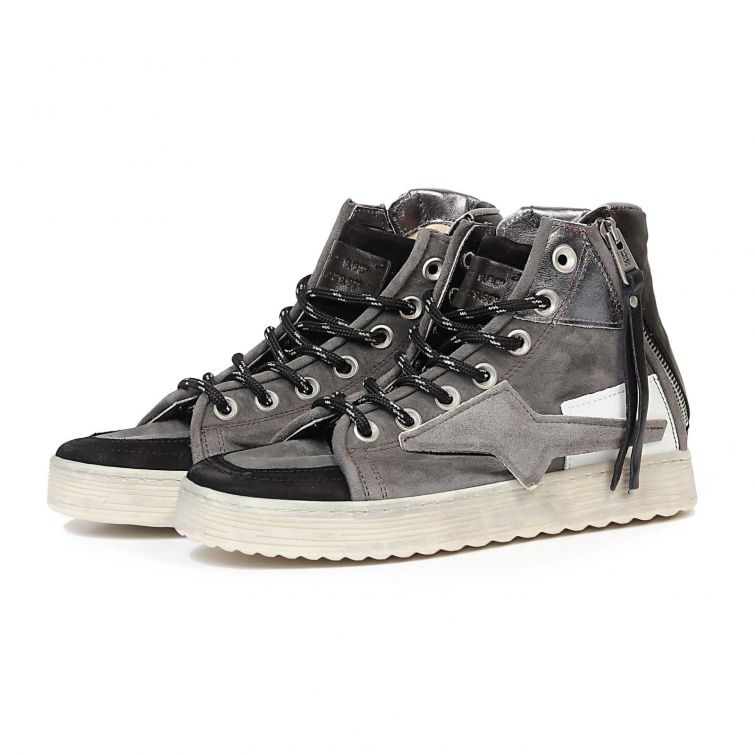 Sneakers SH A.S.98 alte da donna in pelle e camoscio grigio e nero con zip laterale, lacci e suola chiara.
