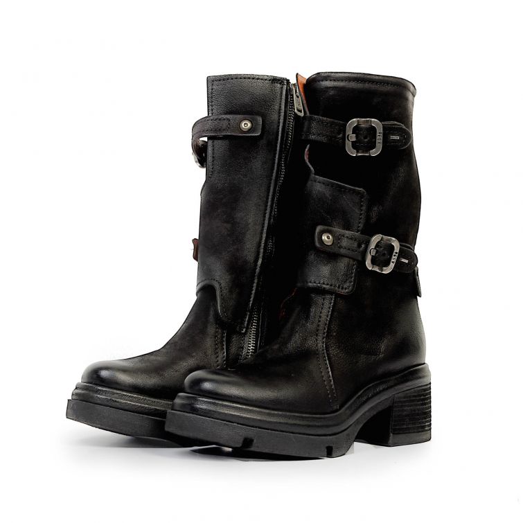Stivaletti Ellis A.S.98 neri in pelle con fibbie, zip e tacco 6,5 cm