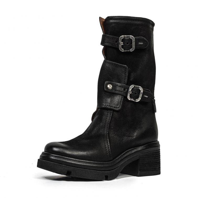 Stivaletti Ellis A.S.98 neri in pelle con fibbie, zip e tacco 6,5 cm