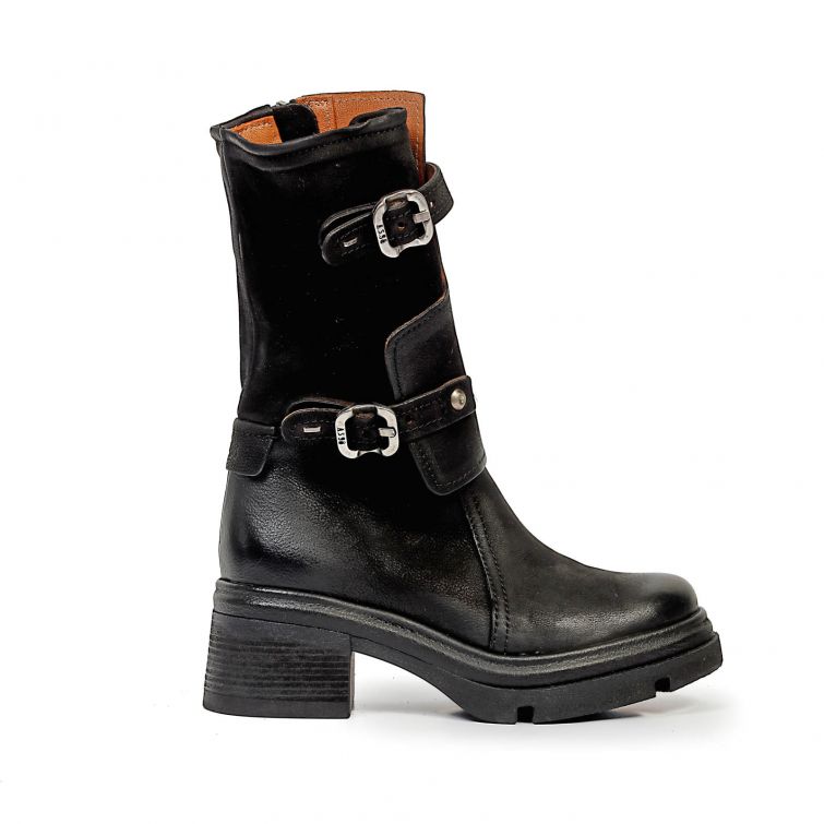 Stivaletti Ellis A.S.98 neri in pelle con fibbie, zip e tacco 6,5 cm