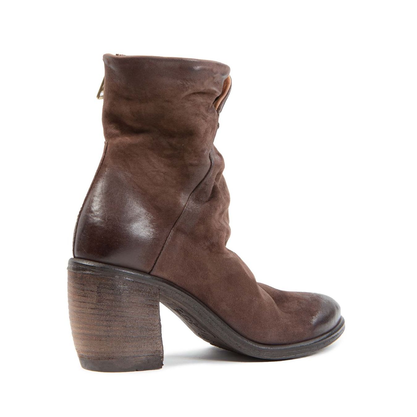 Stivaletti ROMY A.S.98 in pelle e camoscio color ebano con tacco medio e design ispirato allo stile post-punk.