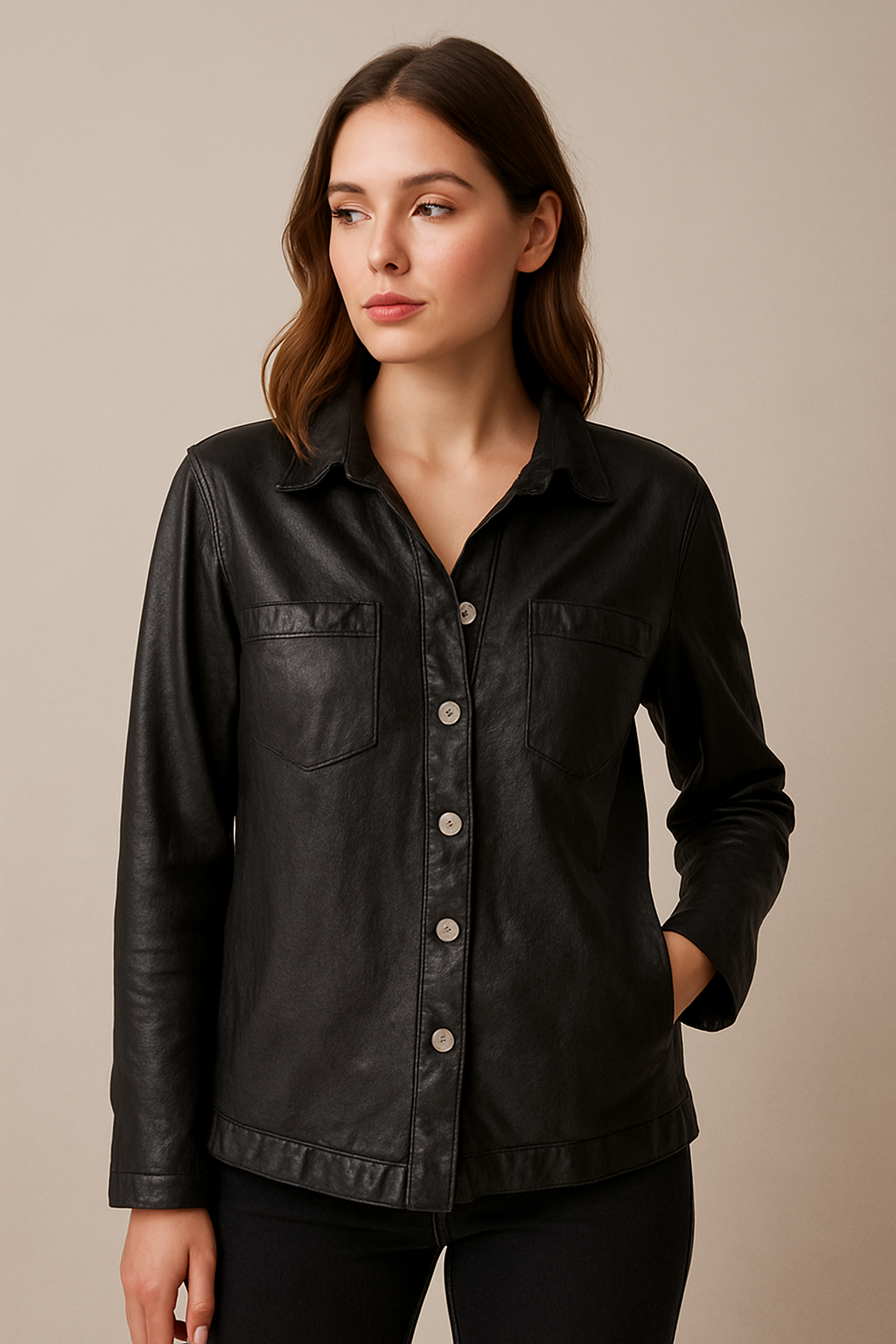 Camicia in pelle nera donna con bottoni metallici e design artigianale elegante.