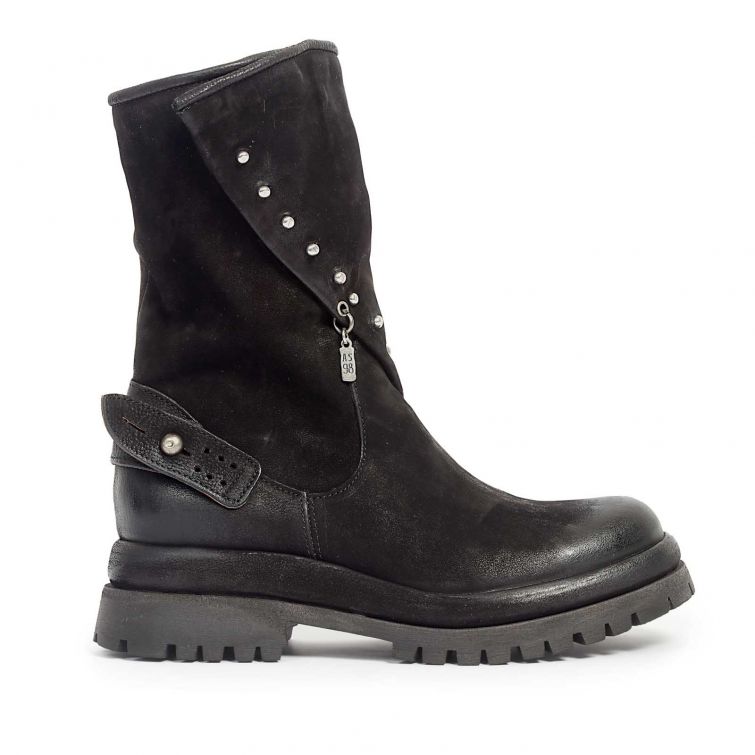 Stivaletti DAKOTA A.S.98 biker donna in pelle nera con borchie, zip e suola carrarmato