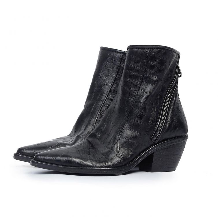 Texano A.S.98 donna in pelle nera effetto cocco con tacco western e zip laterale