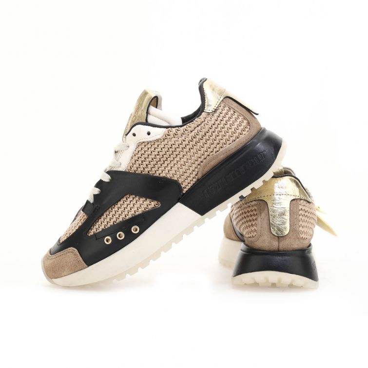 Sneakers Frederick 5five beige con dettagli neri e oro, suola larga, design sportivo e urbano.