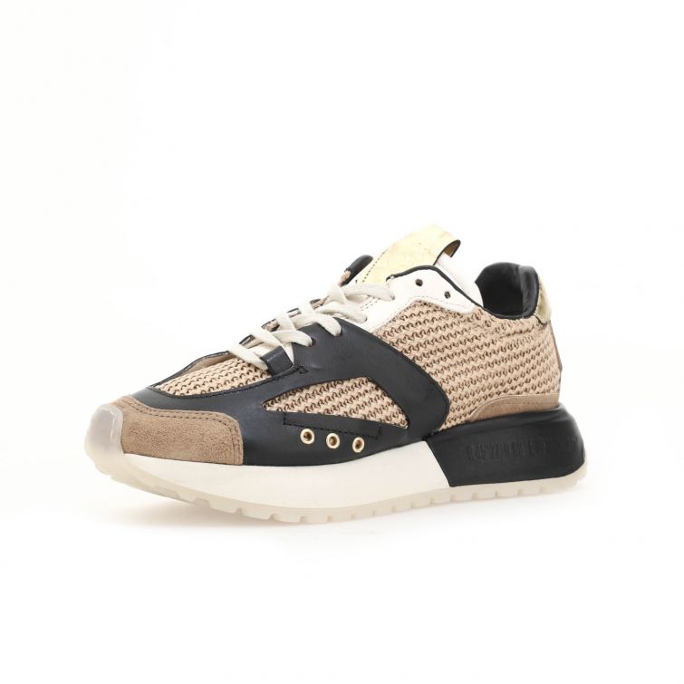 Sneakers Frederick 5five beige con dettagli neri e oro, suola larga, design sportivo e urbano.