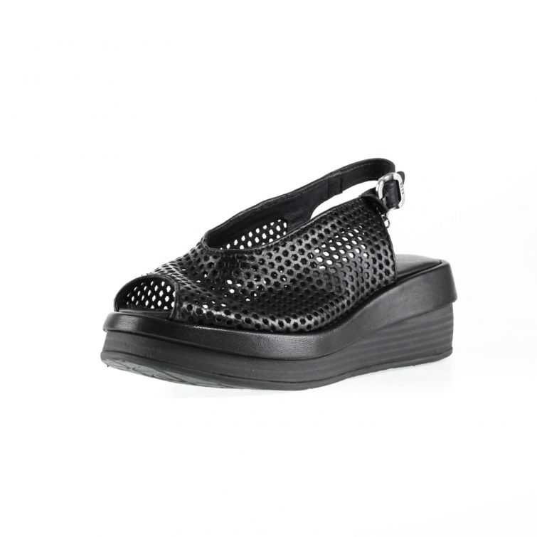 Sandali Sama A.S.98 in pelle nera traforata con zeppa e cinturino regolabile, design artigianale italiano comodo e moderno