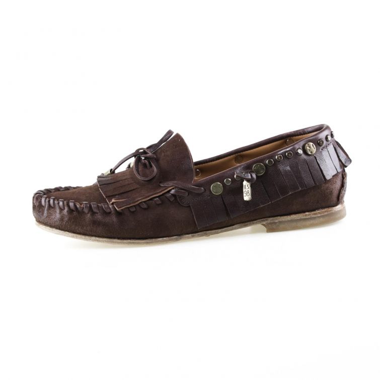 Mocassino Desira A.S.98 in pelle marrone con intreccio artigianale e laccio decorativo