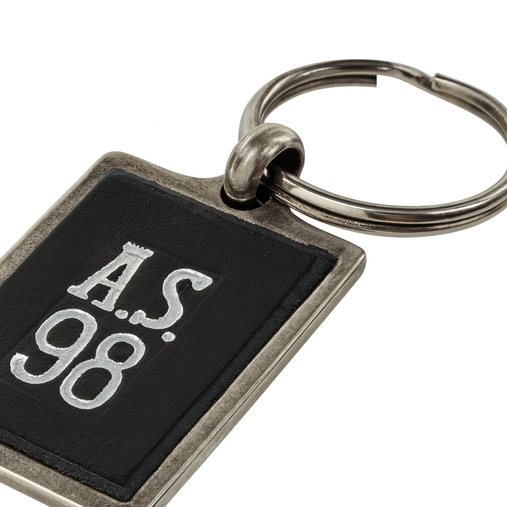 Portachiavi in pelle A.S.98 con anello metallico e dettagli artigianali vintage.