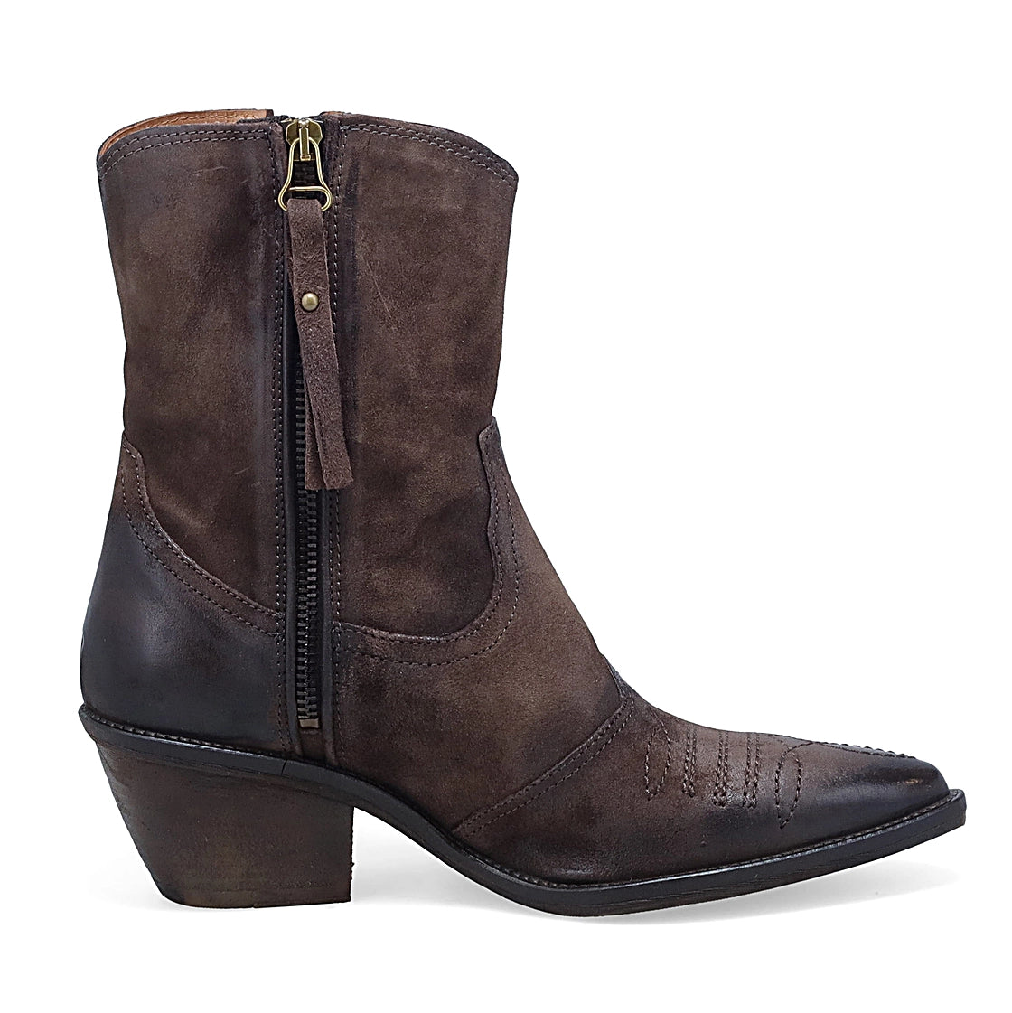 Stivaletti Crystal A.S.98 in pelle marrone con tacco e zip laterale.