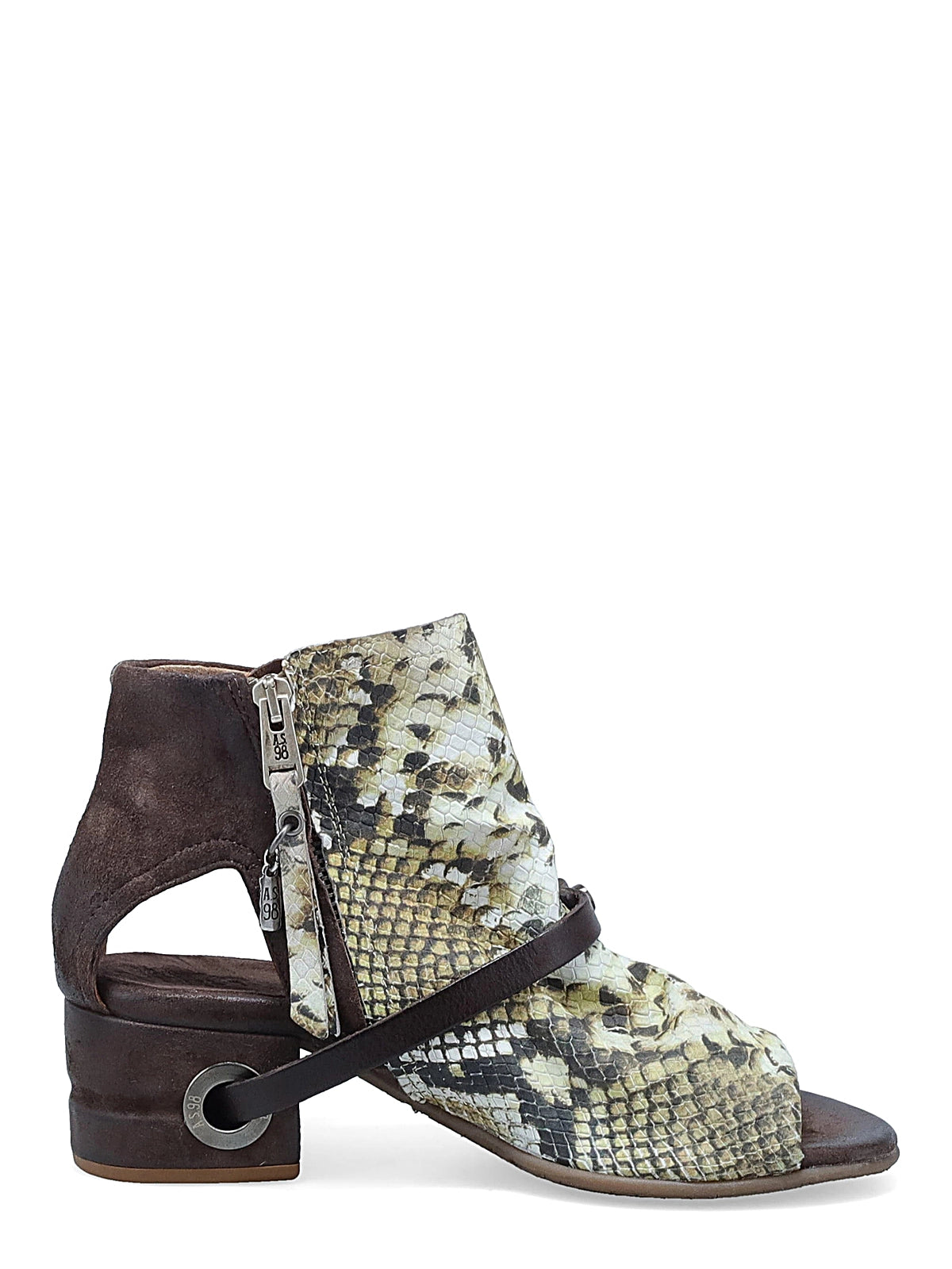 Sandali Fillia A.S.98 in pelle stampa pitone con cinturino al tallone e anello metallico, design strutturato e moderno per look grintosi