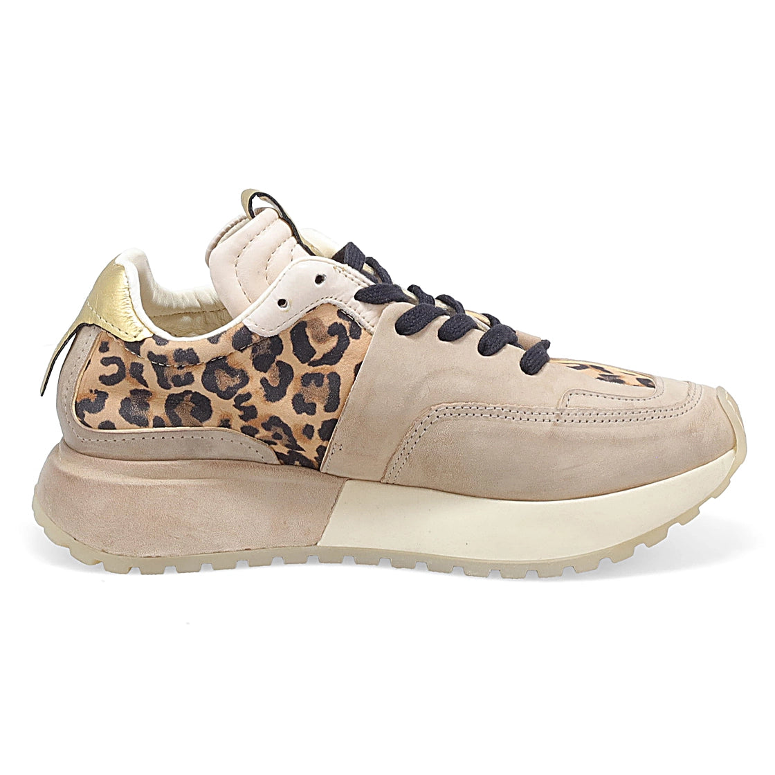 Sneakers Frederick A.S.98 con stampa animalier, suola larga e dettagli dorati dal design urbano.