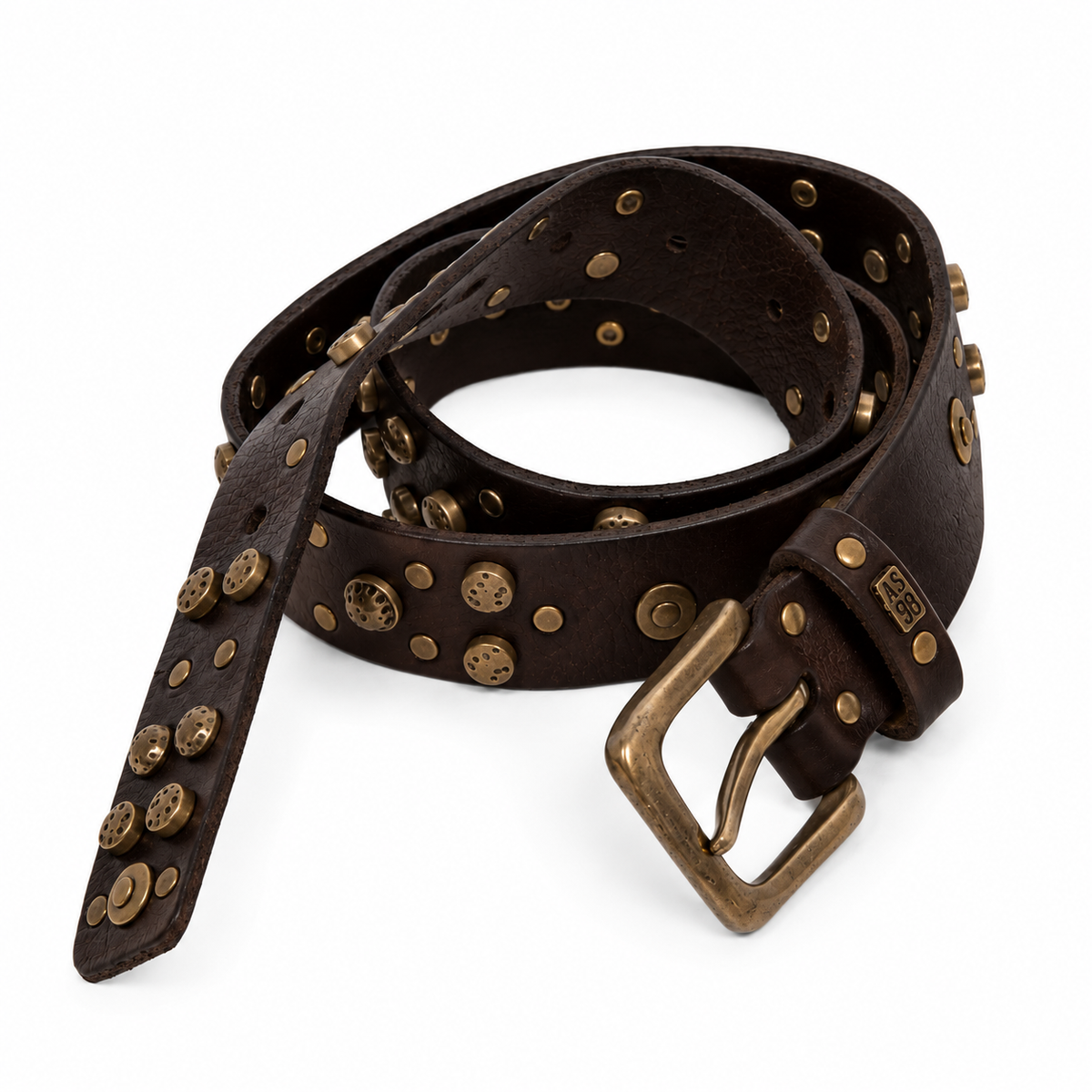 Cintura A.S.98 in pelle marrone testa di moro con borchie metalliche bronzate, fibbia anticata e dettaglio logo A.S.98, stile rock artigianale.
