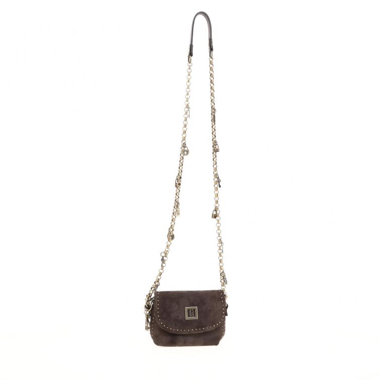 Borsa Fanny in pelle marrone A.S.98 con tracolla a catena e charm decorativi