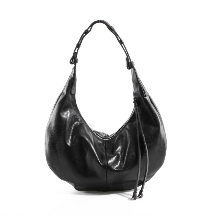 Borsa NANA A.S.98 in pelle nera morbida con design hobo, manico regolabile, chiusura con zip e lavorazione artigianale italiana.