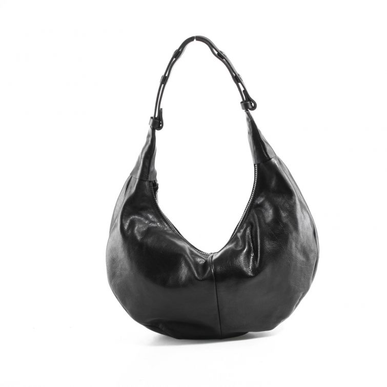 Borsa NANA A.S.98 in pelle nera morbida con design hobo, manico regolabile, chiusura con zip e lavorazione artigianale italiana.