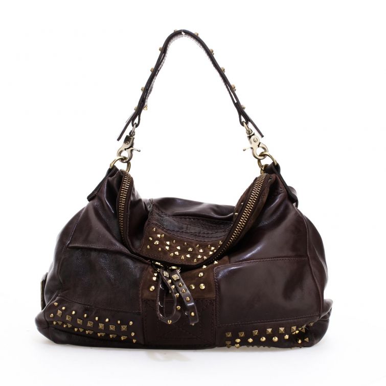 Borsa Amyl in pelle marrone A.S.98 con borchie dorate e cerniere a vista