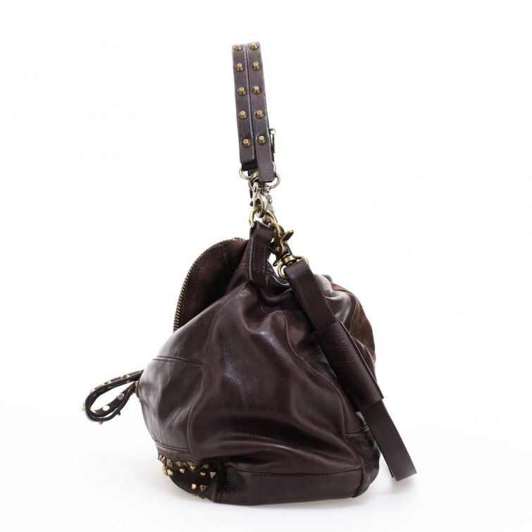 Borsa Amyl in pelle marrone A.S.98 con borchie dorate e cerniere a vista